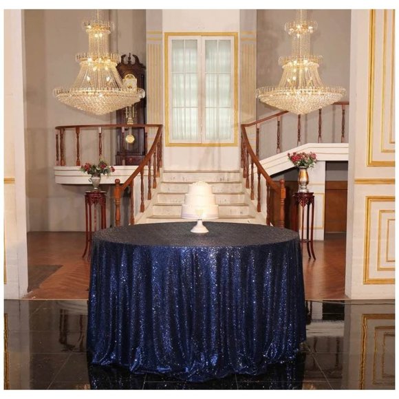 90 inch Navy Blue Round Sequin Tablecloth Dinging Table Wedding Party Linen - Picture 1 of 5